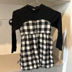 130cm 黒白チェック 長袖ワンピース