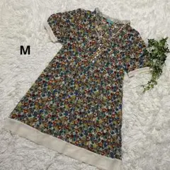 【美品】花柄 半袖チュニック　マルチカラー　日本製　Mサイズ