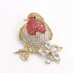 ブローチ　キラキラ鳥　花　赤　クリアカラー　黄色　ラインストーン　ふっくら可愛い