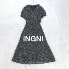 イング◇花柄開襟プリーツワンピース M ブラック ウエスト切り替え 襟付き 華奢