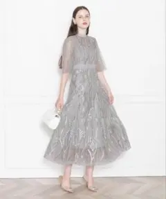 Leja スパンコール刺繍レースプチハイネックフリルロングドレス ワンピース　S