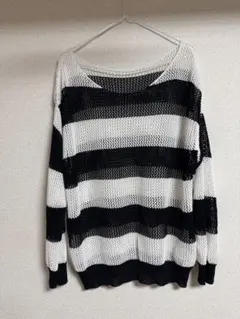 WEGO ボーダー メッシュニット 透かし編み ブラック×ホワイト