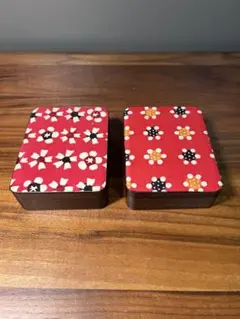 【昭和レトロ】和紙貼り 木製小箱 2個セット 小物入れ 花柄 伝統工芸
