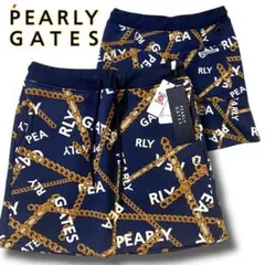 0 新品 パーリーゲイツ チェーンロゴ柄 ツイルダンボール スカート ネイビー系