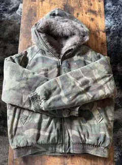 y2k 迷彩ファーダウンjacket 短丈 カモフラ 迷彩柄 ファー パーカー 