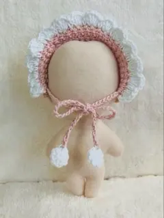 ぬいぐるみ用　ヘッドドレス　ボンネット　かぎ針編み　ピンク（ラメ）