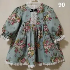 ⭐立襟⭐ワンピース⭐ブルーグリーン(青系)×花柄⭐ペチコート綿レース　90サイズ