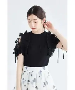 りぼん付きプリーツシフォンフリル切り替えリブニットプルオーバー tocco