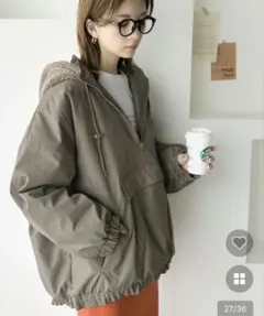 Javaコラボ》フード付 ボア切替えサイドスリット ビッグプルオーバー