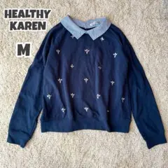 HEALTHY KAREN 長袖トレーナー（M）シャツ重ね着風 ビーズ ネイビー