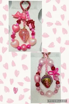 ピンクのストロベリーチャームのストラップ　2個セット