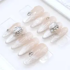 【366】ネイルチップSサイズ シルバー グラデ フレンチ ビジュー マグネット