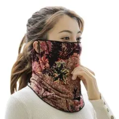 ネックウォーマー お洒落なフラワー模様 ベージュ(レッド)