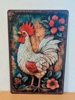 ブリキ看板　アート　鶏　ニワトリ　フラワー　北欧風　カントリー調　カフェ風