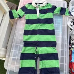 Ralph Lauren 緑と紺のストライプロンパース 80