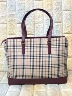 バーバリー ノバチェック トートバッグ キャンバス レザー ベージュ ワインA4