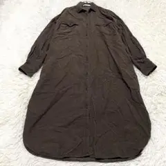 1762 コーデュロイシャツワンピース ロング丈 長袖 ダークブラウン ポケット