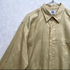 デザインシャツ　ヴィンテージ　総柄　刺繍　花柄植物　アート　淡黄　クリーム　長袖