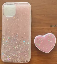 【未使用】iphone 13/14 ラメ入りケースとハート型アクセサリー