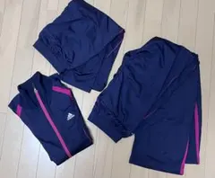 【美品】adidas3点ジャージ上下 ハーフパンツ セット ネイビー×ピンク M