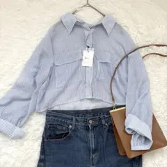 GRL ストライプショートシャツ 青 フリーサイズ ゆったり 大きめサイズ