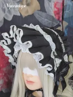 レースアップハーフボンネット（ブラック×ホワイト）　ロリータ　ロリィタ　ゴスロリ