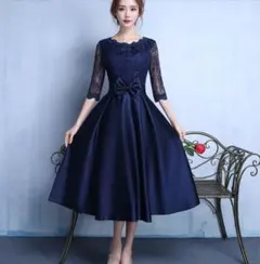 新品 パーティードレス フォーマル 結婚式ドレス 謝恩会ドレス ネイビー レース