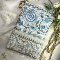 スマホショルダー スマホポシェット サコッシュ インド刺繍リボン 花柄 ブルー