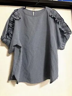 しまむら　大きいサイズ4Lギンガムチェック フリル袖 半袖チュニック