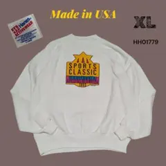 90s USA製プリントスウェットトレーナーXLホワイト HH01779
