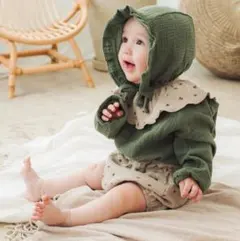 3coins ガーゼロンパース&ボンネット　かぼちゃパンツ