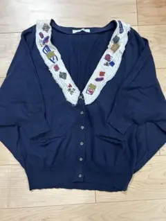 ビュルデサボン　ネイビー カーディガン ビーズ刺繍付き
