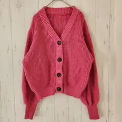 SHEIN【XL】完売品！美品 ぽわん袖 チャンキーニットカーディガン ピンク