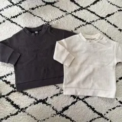 ワッフル生地　トレーナー　ボタン付きトップス 60-70cm