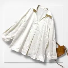 スキッパーシャツ 長袖 アイボリー ゆったり ツヤ感 綺麗め 着痩せ 大人女子