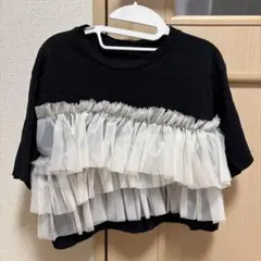 Riche glamour ティアードフリル 半袖Tシャツ 黒×アイボリーのサムネイル