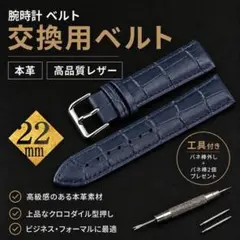 a47)22mm 腕時計交換ベルト ブルー 本革 クロコ型押しバネ棒+はずし付