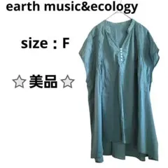 【美品】アースミュージックアンドエコロジー　青緑 半袖 Vネック チュニック　Fのサムネイル
