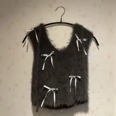 épine ribbon shaggy knit hoodie gray