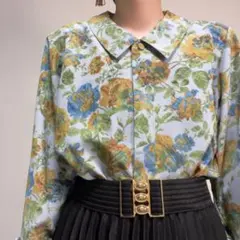 タグ付き グレー系 花柄 昭和レトロ アンティーク ブラウス 古着