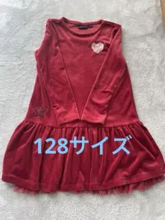 128サイズ ベロア生地の赤ワンピース