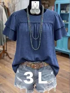 新品【３Ｌ大きいサイズ】シャーリングフレアスリーブ♡ブルー　チュニック
