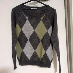 ダイヤモンド柄 ニットセーター 長袖 グレー オリーブ