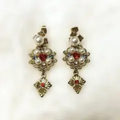 （中古）エレガントなゴールドとパールのピアス（ハンドメイド）