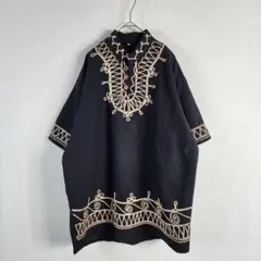 ヴィンテージ 半袖シャツ 刺繍 黒 大きいサイズ 希少デザイン 綿