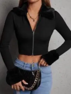 shein ファー付きファスナートップス