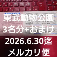 東武鉄道株主優待　東武動物公園特別入園券+アトラクションパス３名様分＋おまけのサムネイル