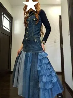 ★デニム MIX 切替 フリル リメイク サロペットスカート ★