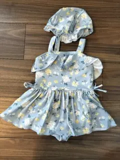 petit main水色 花柄 ベビー水着 帽子付き