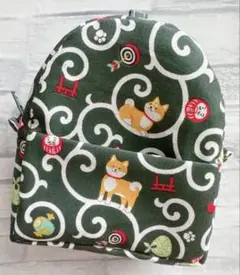 ハンドメイド　ミニリュック型ポーチ　唐草模様　柴犬　和柄